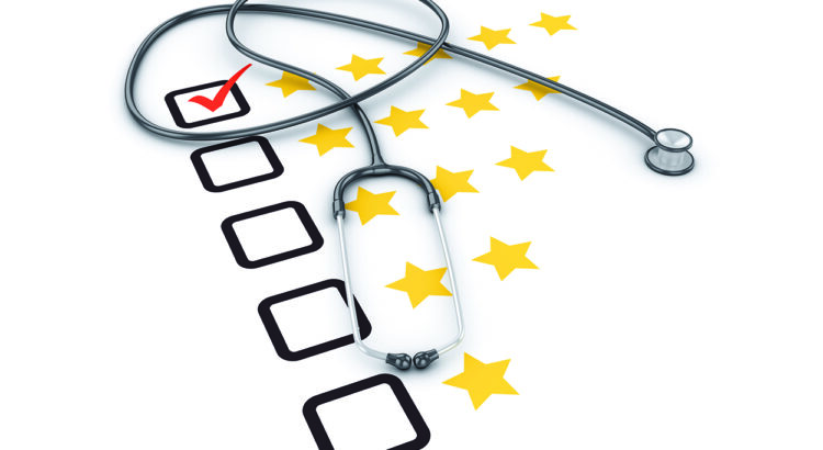 Five Stars Survey Check List with Stethoscope - White Background - 3D Rendering