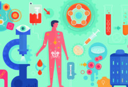 Flat vibrant vector illustration depicting personalized medicine concept.