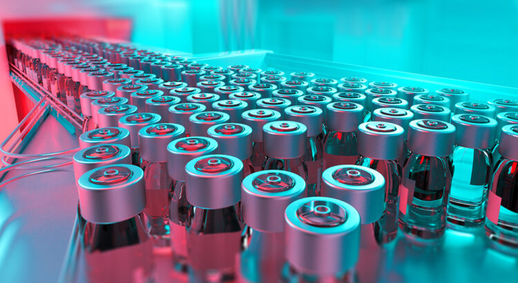 Pharmaceutical production line for vaccination manufacturing. Close up of glass vials with caps and blank labels moving on a conveyor belt. Industrial background, manufacturing equipment. Red and blue hues. Digitally generated image. Selective focus.