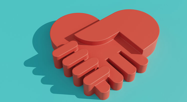 Two hands shaking with the shape of heart symbol on teal green background, symbolizing gratitude concept. (3d render)