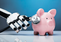 Close-up Of A Robotic Hand Examining Piggybank With Stethoscope