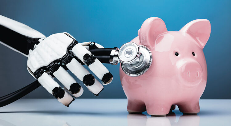 Close-up Of A Robotic Hand Examining Piggybank With Stethoscope