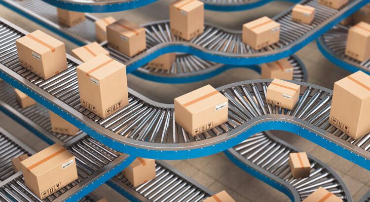 Cardboard boxes on conveyor roller in distribution warehouse, Delivery and packaging service concept background. 3d illustration