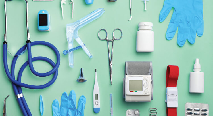Flat lay composition with medical objects on color background